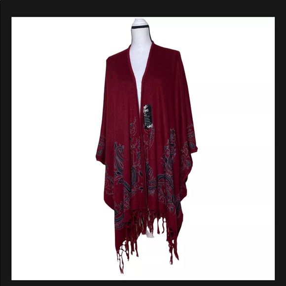 New Hots Wing Burgundy Border Printed Shawl Pancho Wrap Fringe Open Front - Picture 1 of 10